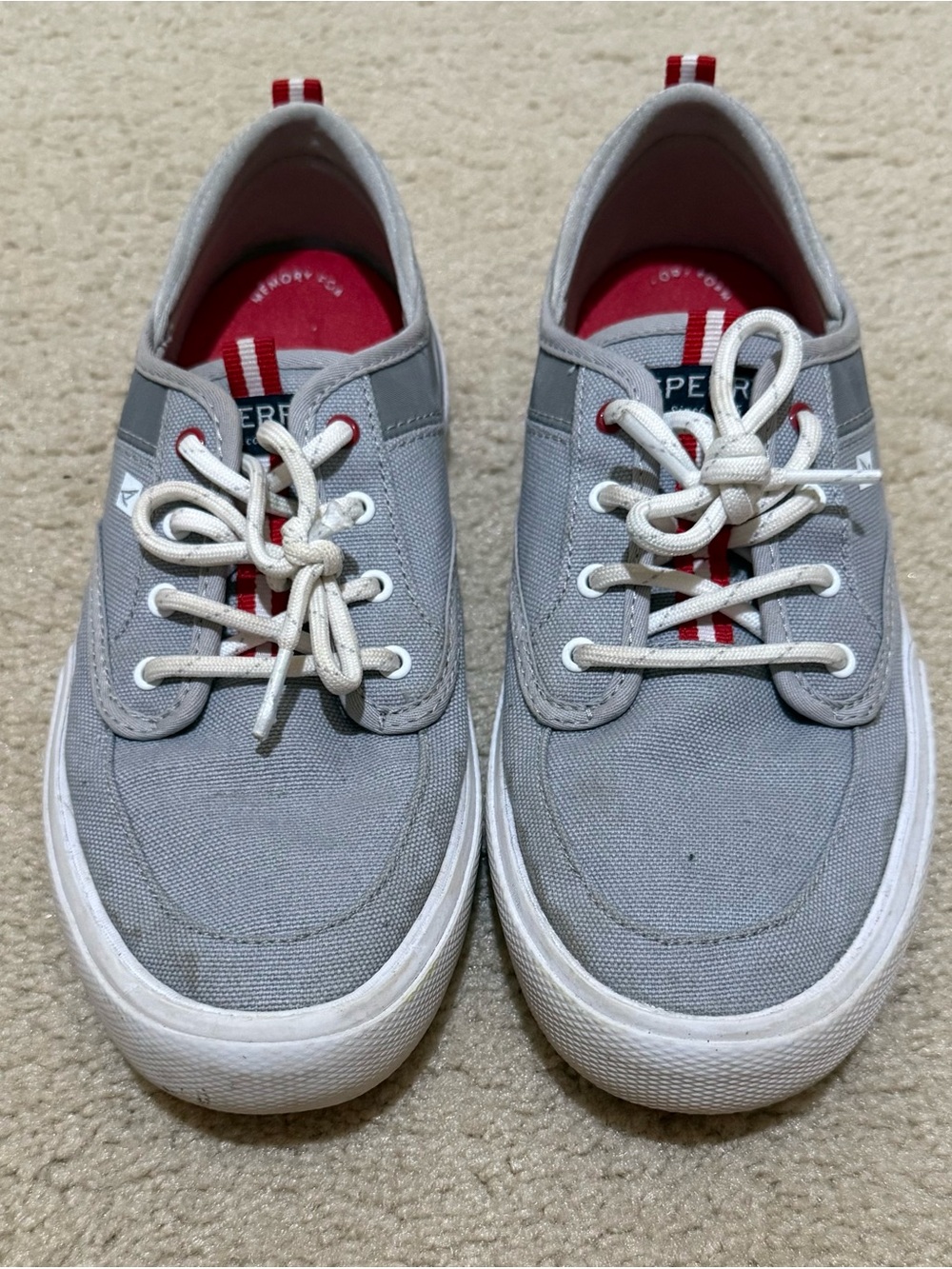 Sperry Gray Canvas Boat Shoes with Red Accent